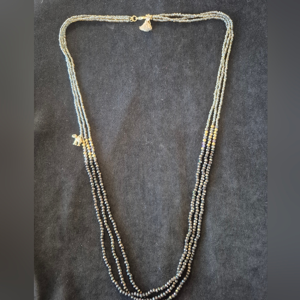 12-JJ Elegant Beaded Necklace Black Silver Gold Colors Longer Length Sparkly